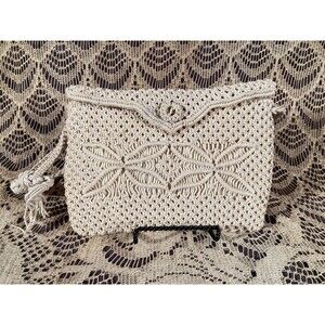 Vintage 50s Macrame Purse 1950s Ivory Off White Boho Retro 1950s Summer Bag
